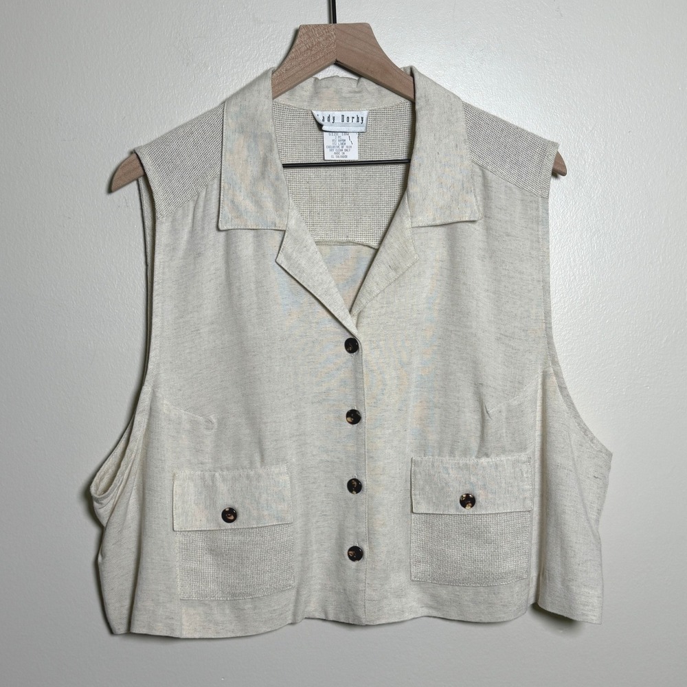 Lady Borby Vintage Linen Blend Mesh Trim Button Front Vest Cream Plus Size 18W